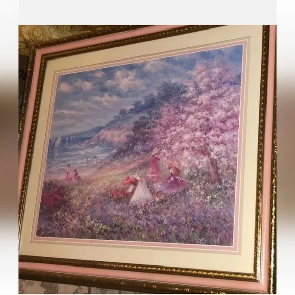 LARGE HOME INTERIOR PICTURE, KIDS AT THE BEACH, PINK & GOLD FRAME. 27.5" X 23.5" - Picture 1 of 10